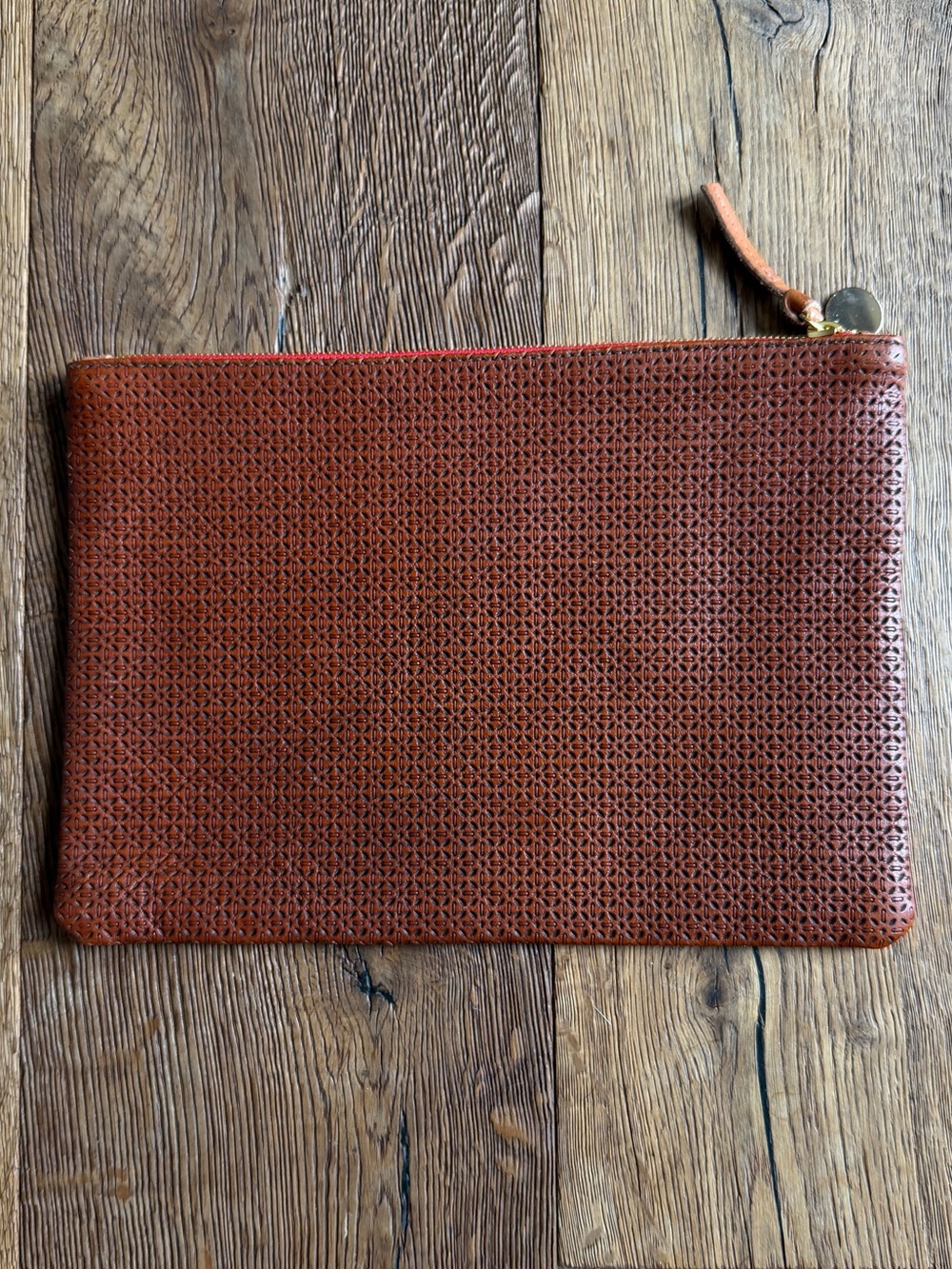 Clare V Perforated Leather Clutch Cognac Brown Zip Pouch